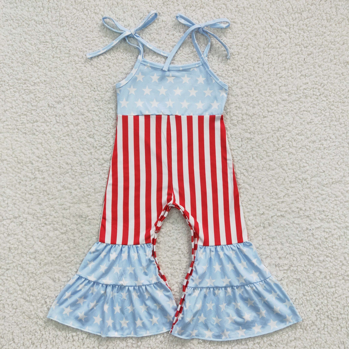 SR0385 Spaghetti strap blue star and red stripes girls 4th of July jumpsuits