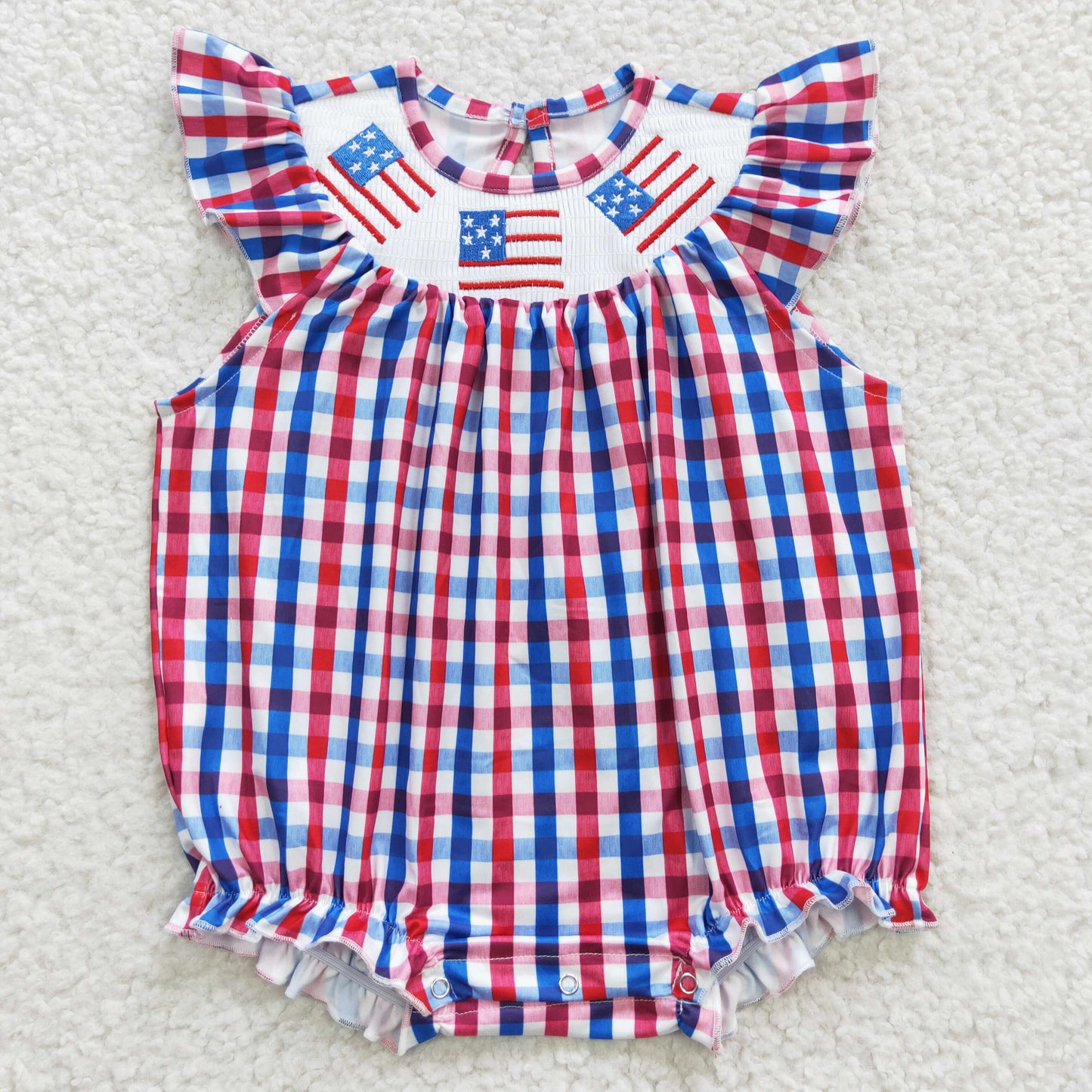 SR0388 Smocked gingham flag embroidery baby girls 4th of July romper