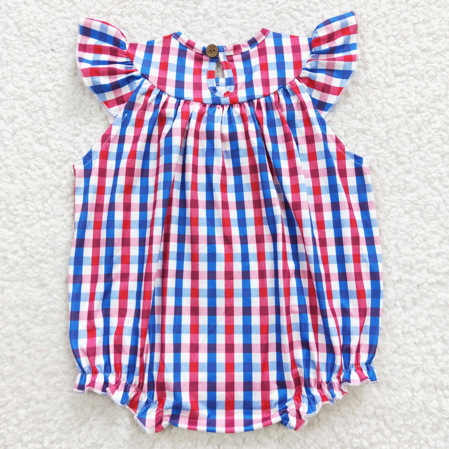 SR0388 Smocked gingham flag embroidery baby girls 4th of July romper