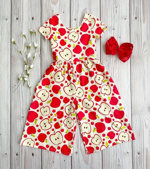 SR0393 Girls apple print back to school jumpsuit