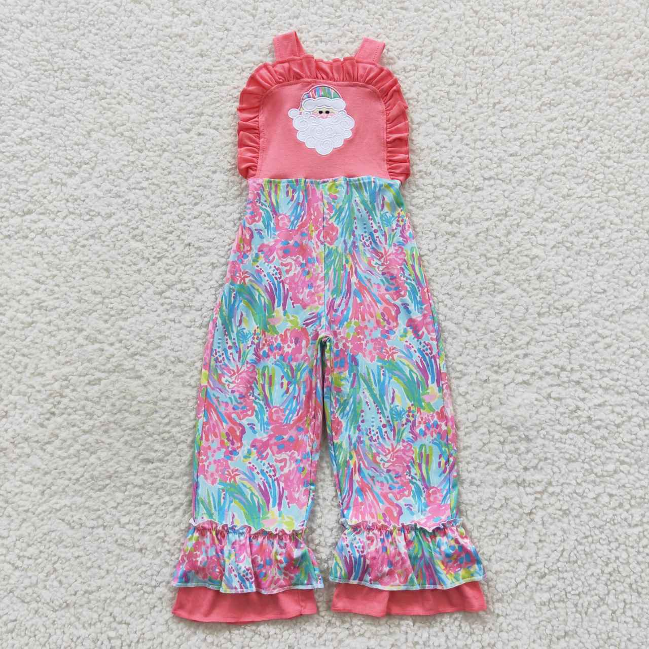 SR0404 Girls pink Christmas Santa embroidery ruffles overall jumpsuit