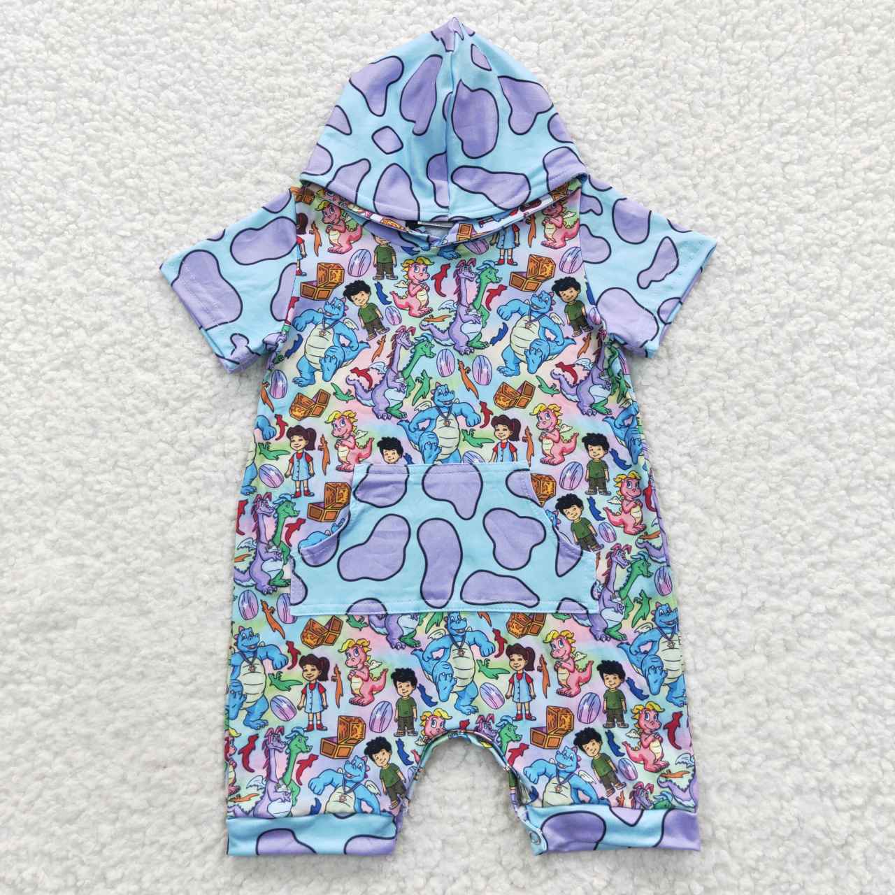 SR0405 Baby blue cartoon dino print hoodie romper