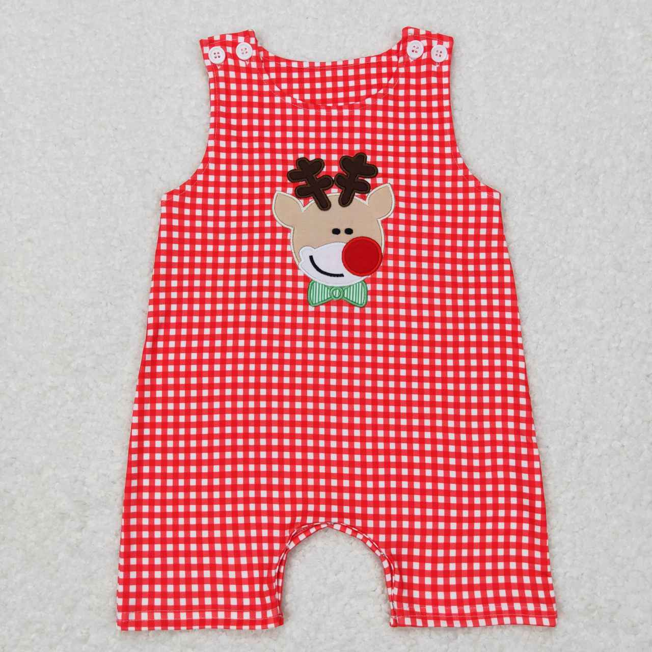 SR0409 Red Plaid Deer Embroidery Print Baby Christmas Romper