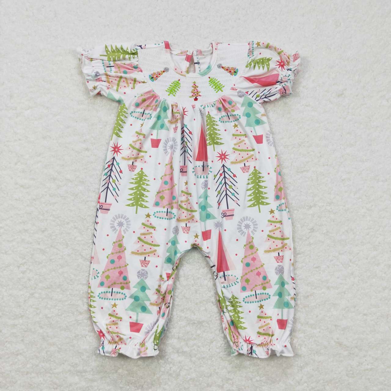 SR0419 Christmas Tree Smocked Embroidery Baby Girls Romper