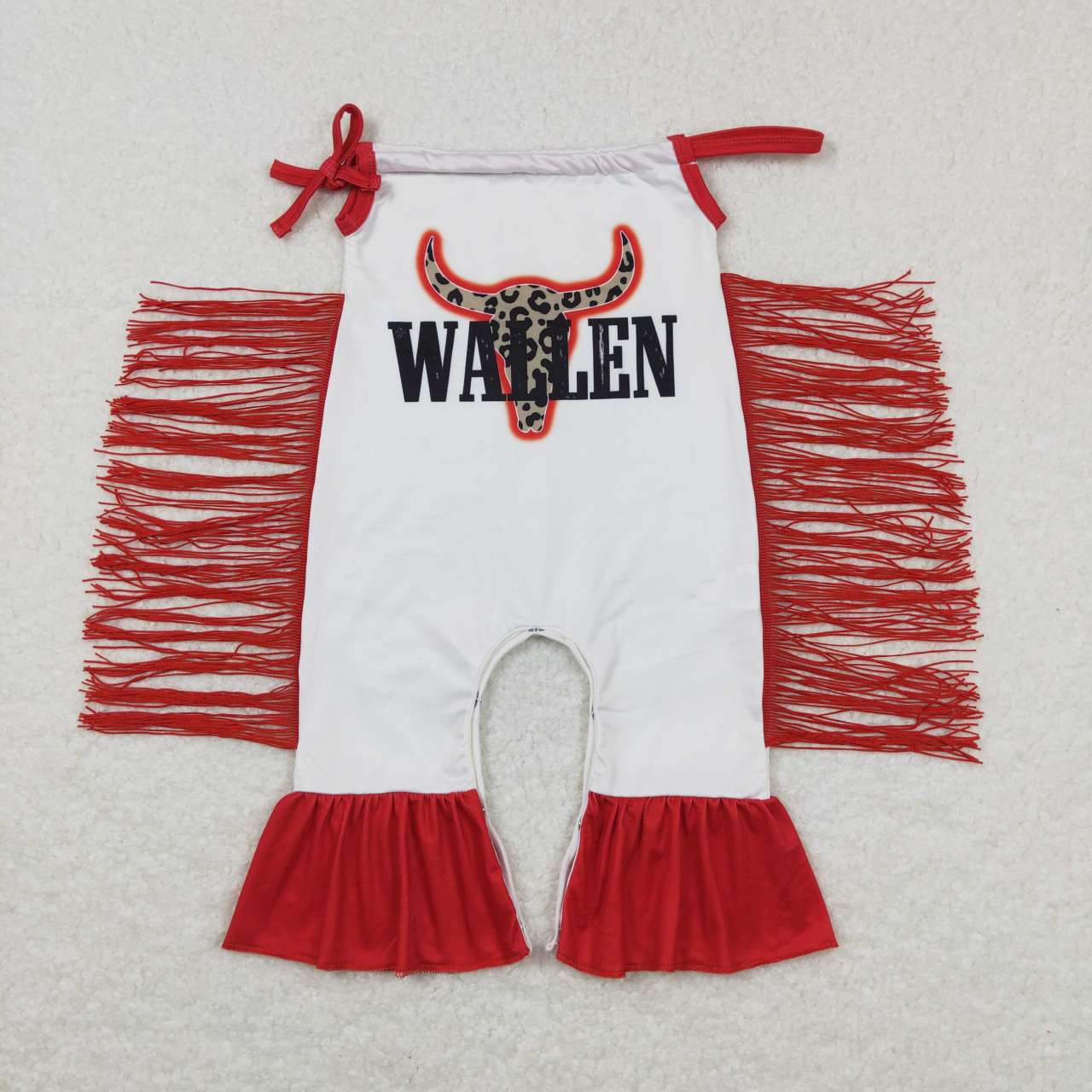 SR0429 Wallen Cow Skull Print Red Tassels Western Romper