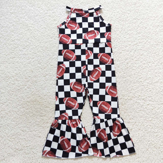 SR0445 Black plaid football print baby girls bell bottom jumpsuit