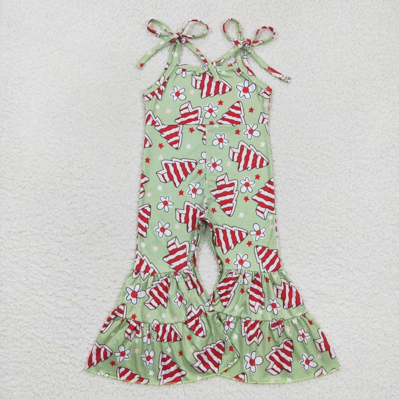 SR0453 Green Christmas little debbie cakes print baby girls bell bottom Christmas jumpsuit