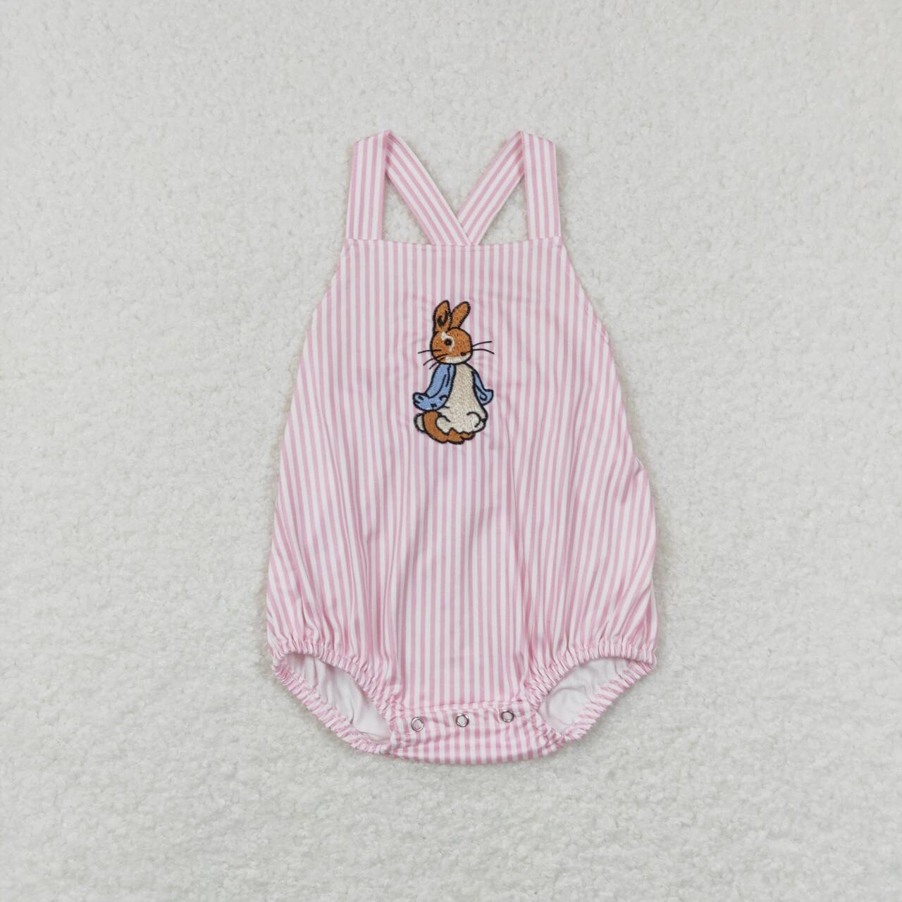 SR0462 Pink Stripes Bunny Embroidery Baby Girls Easter Romper