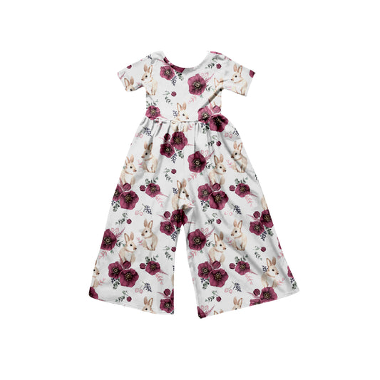 (Pre-order)SR0469 Wine Flowers Bunny Print Girls Easter Jumpsuit