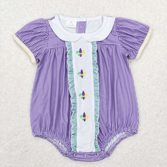 SR0471  Purple Plaid Mardi Gras Embroidery Baby Girls Romper