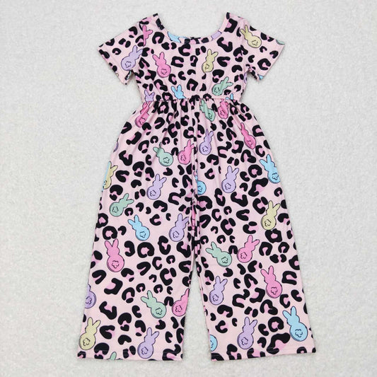 SR0481 Colorful Bunny Leopard Print Girls Buttons Easter Jumpsuits