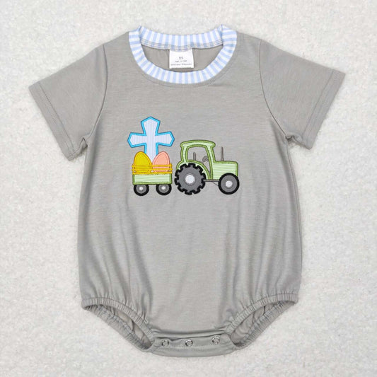 SR0490  Cross Egg Truck Embroidery Grey Baby Boys Easter Romper