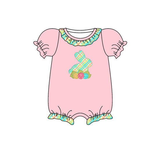 (Pre-order) SR0493 Pink Bunny Flowers Print Baby Girls Easter Romper