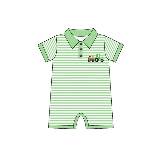 (Pre-order)SR0502 Green Stripes Truck Egg Print Baby Boys Easter Romper