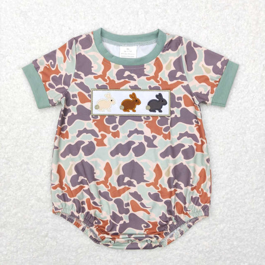 SR0508 Camo Bunny Embroidery Print Baby Kids Easter Romper