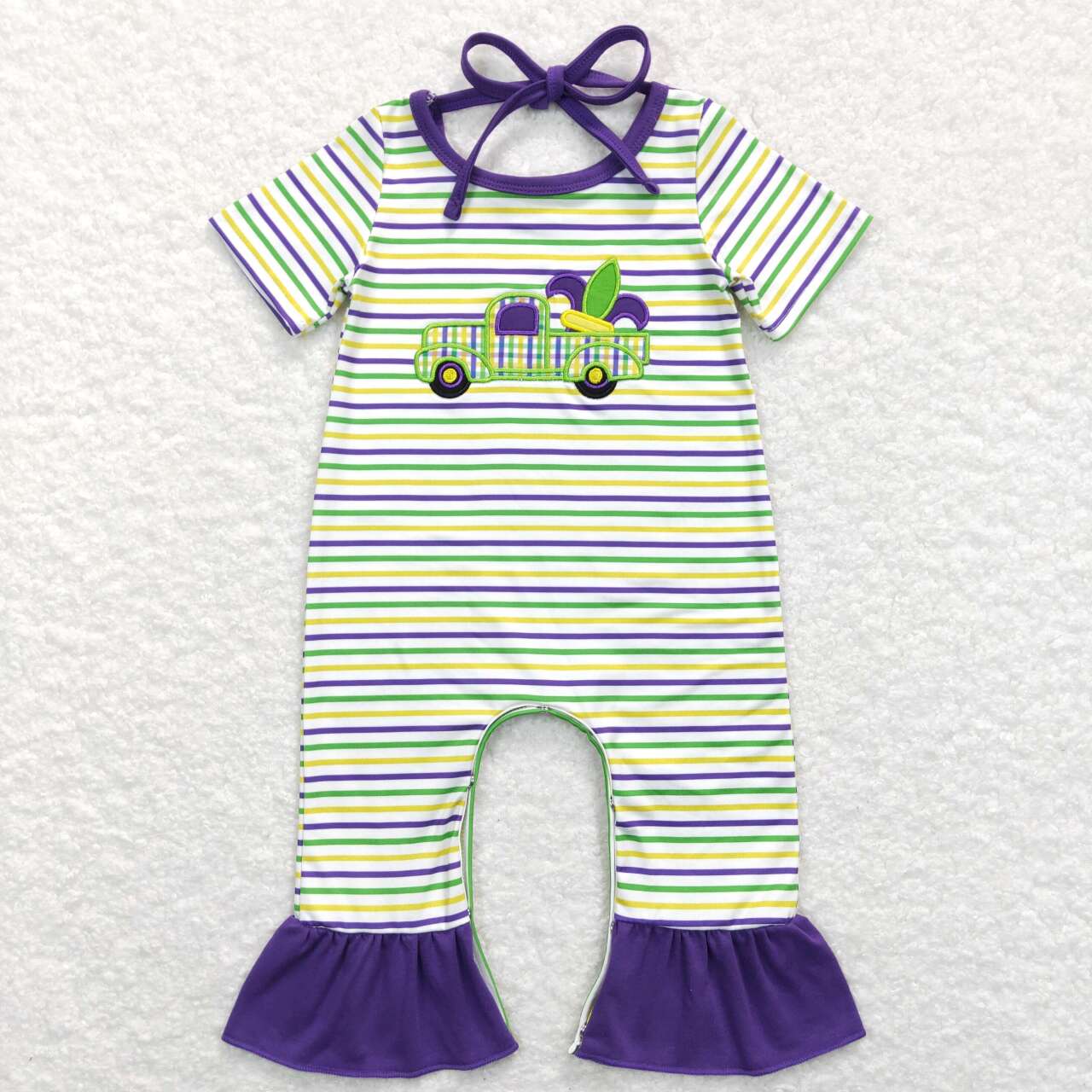 SR0518 Truck Hat Embroidery Print Baby Girls Mardi Gras Romper