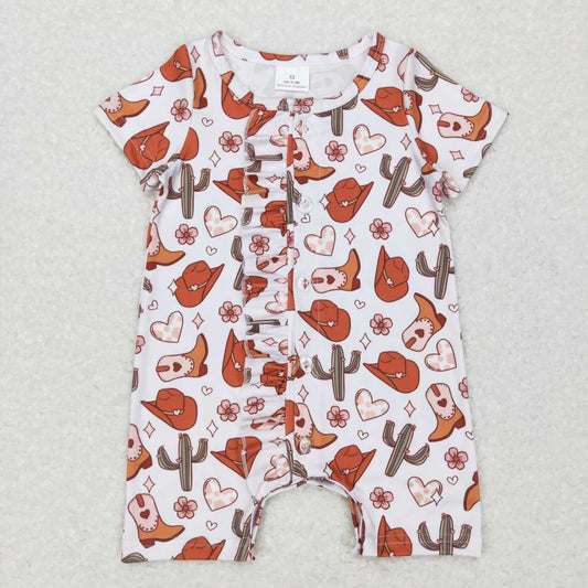 SR0522 Hat Boots Cactus Print Baby Girls Buttons Romper