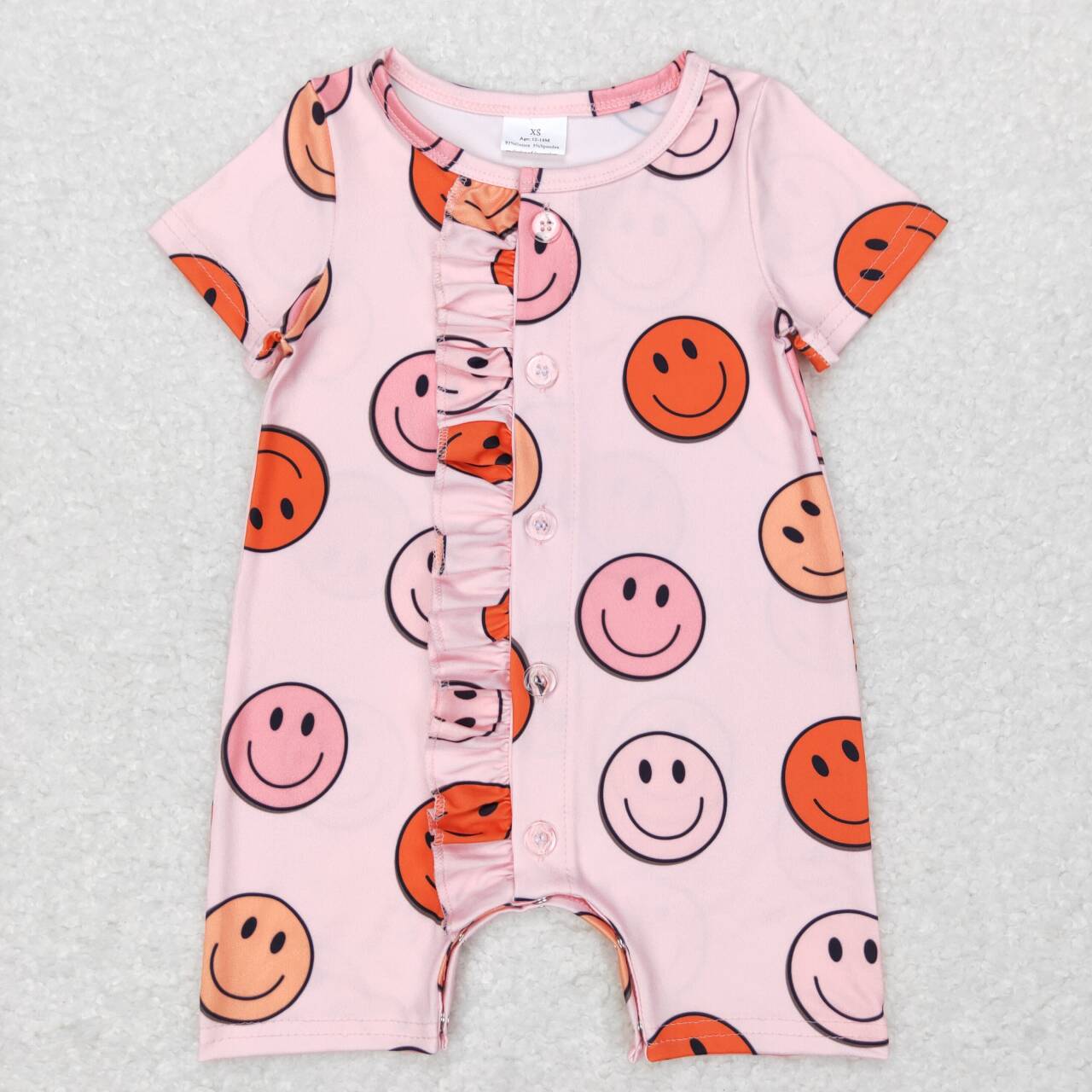 SR0524 Pink Smiling Face Print Baby Girls Buttons Romper