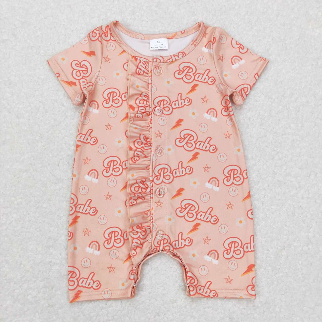 SR0525 Pink Smiling Face Flash Babe Print Baby Girls Romper