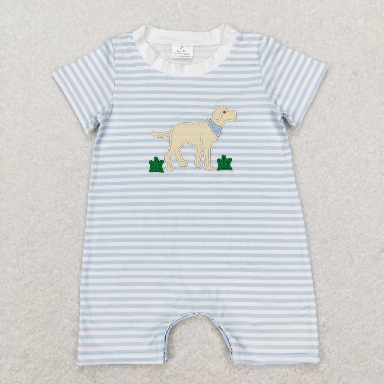 SR0526 Dog Embroidery Stripes Print Baby Boys Summer Romper