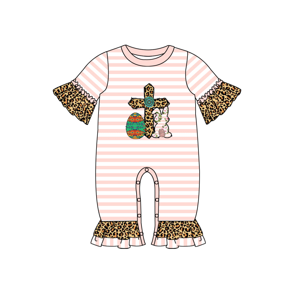 (Pre-order)SR0539 Cross Egg Bunny Leopard Baby Girls Western Easter Romper