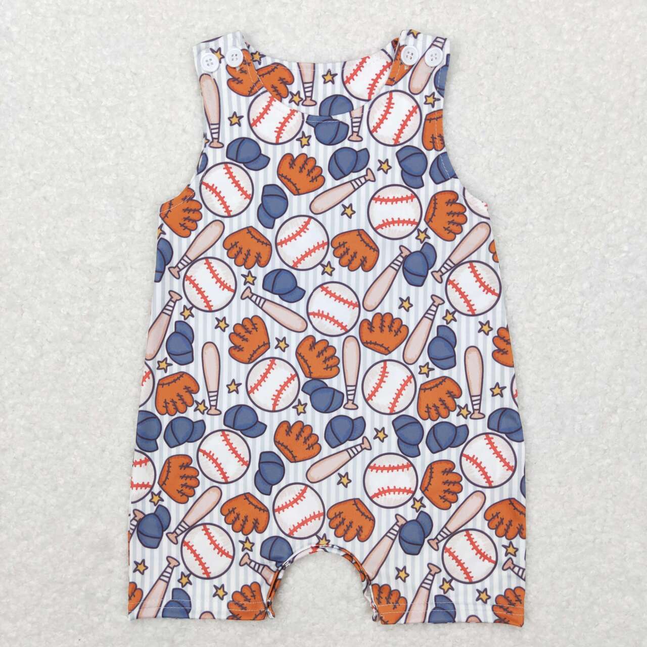 SR0540 Baseball Print Baby Boys Buttons Summer Romper