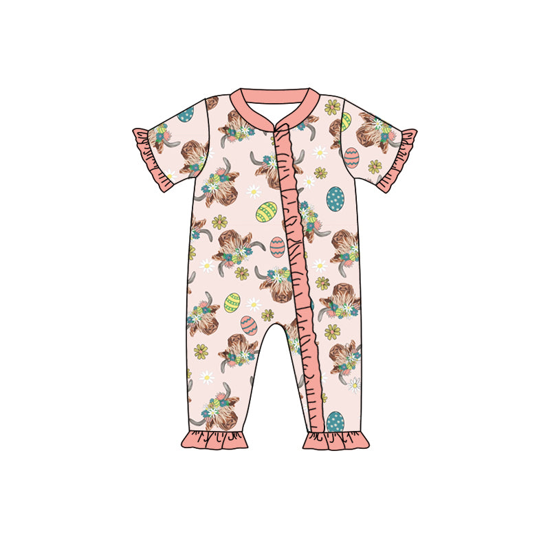 (Pre-order)SR0548 Highland Cow Egg Flowers Print Baby Girls Easter Romper