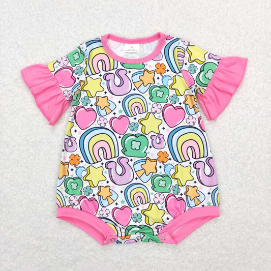 SR0552 Rainbow Star Heart Print Baby Girls St. Patrick's Romper