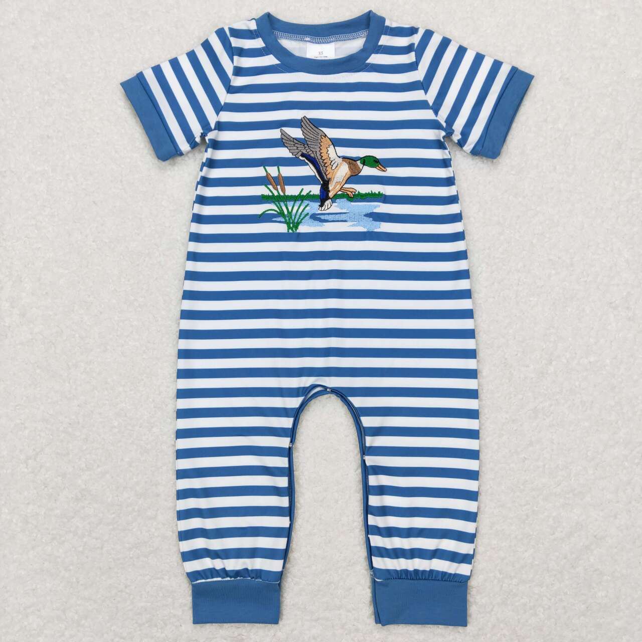 SR0554 Blue Stripes Duck Embroidery Baby Boys Romper