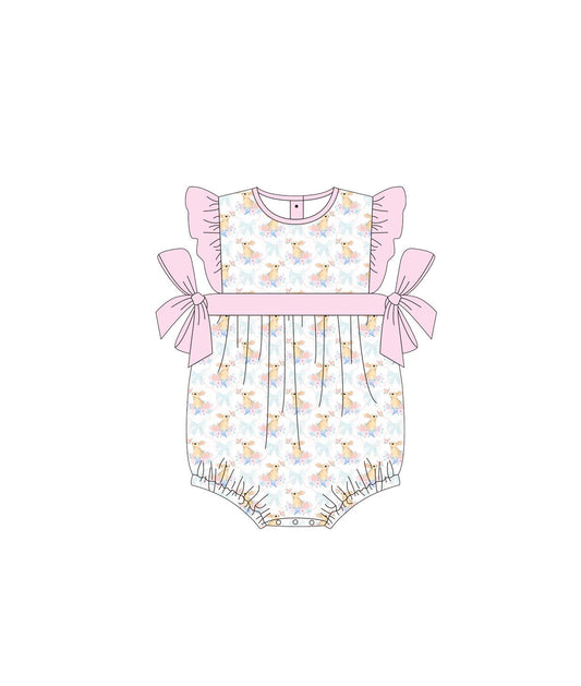 (Pre-order)SR0556 Bunny Flowers Print Baby Girls Easter Romper