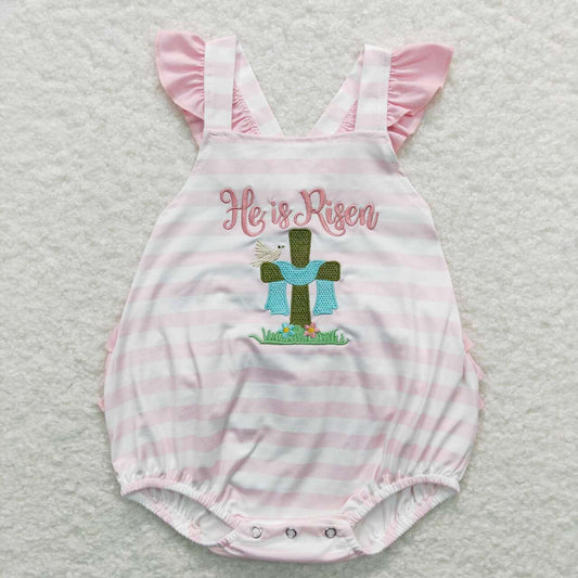 SR0564 He Is Risen Cross Embroidery Baby Girls Bubble Easter Romper
