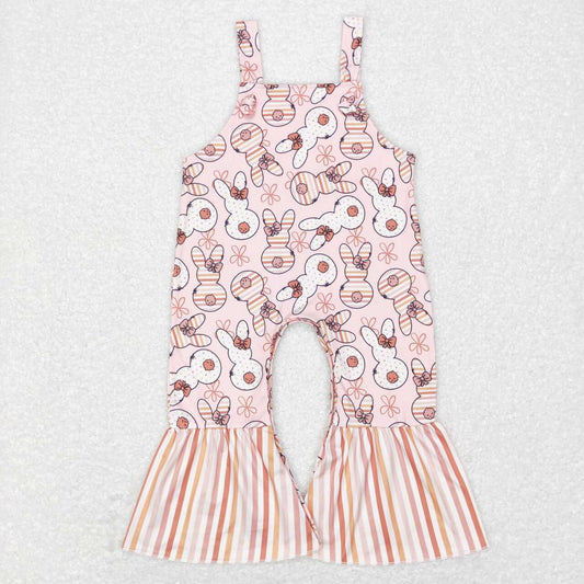 SR0577  Pink Bunny Flowers Stripes Print Girls Easter Jumpsuits