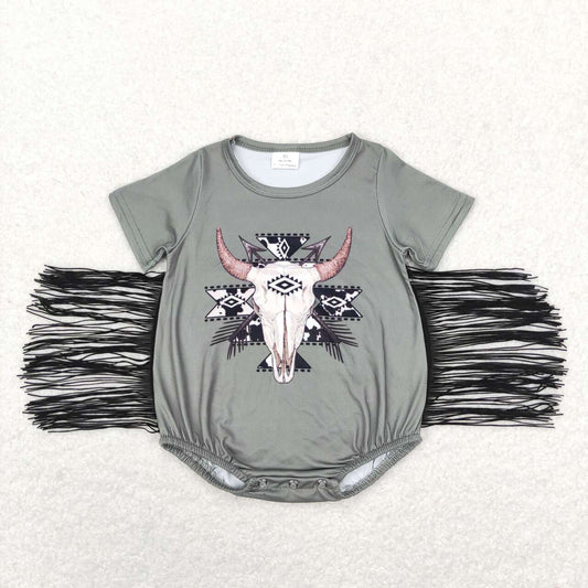 SR0579 Cow Skull Aztec Print Baby Girls Tassel Western Romper