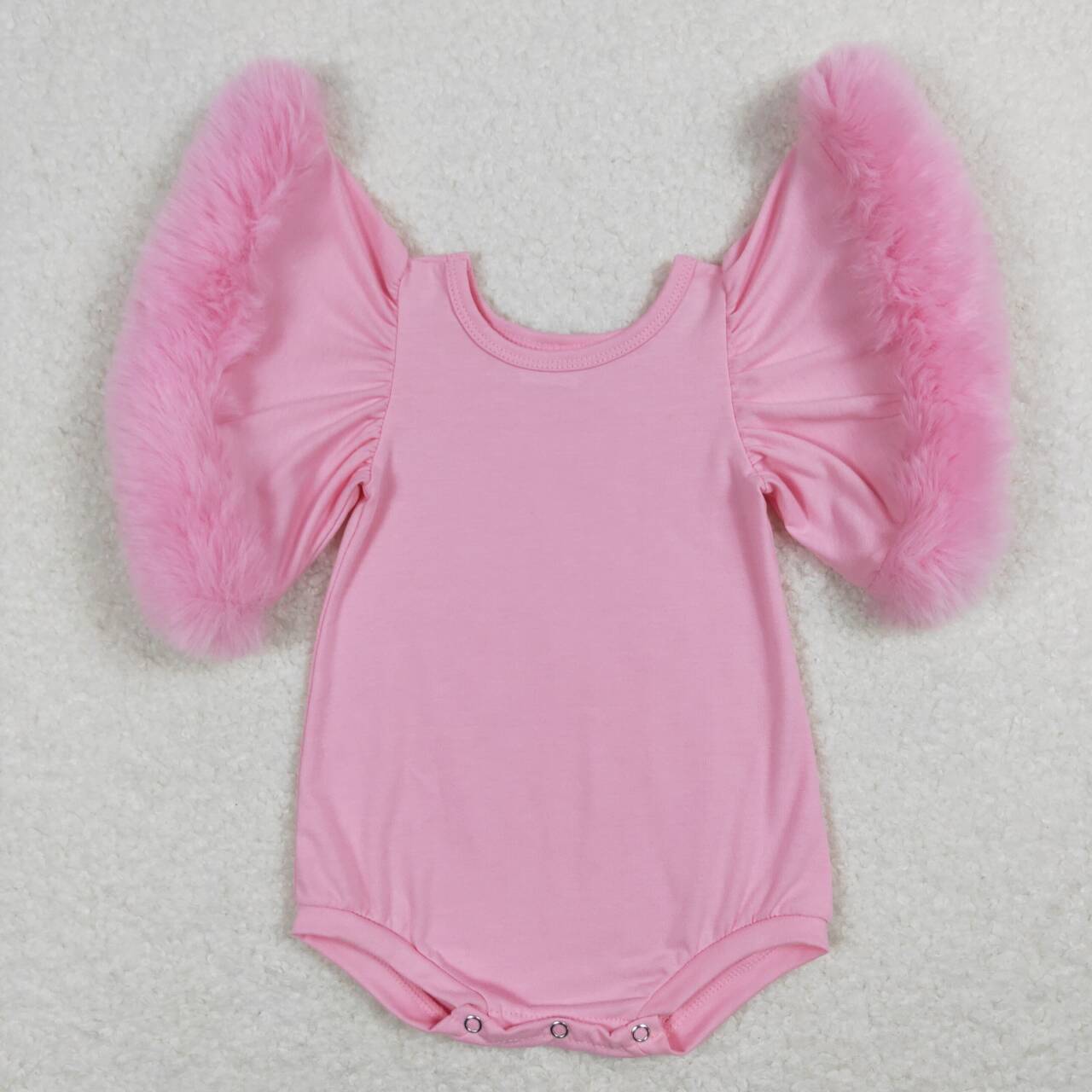 SR0583+P0324 Pink Fur Sleeve Romper Heart Jeans Baby Girls Valentine's Day Clothes Set