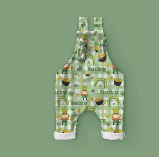 (Pre-order)SR0586 Lucky Green Quatrefoil Rainbow Plaid Print Baby Kids St. Patrick's Romper