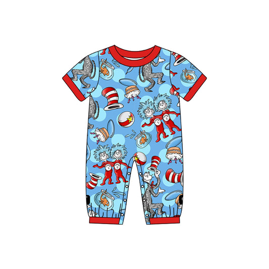 (Pre-order)SR0587 Blue Cartoon Cat Dr. Reading Print Baby Kids Romper