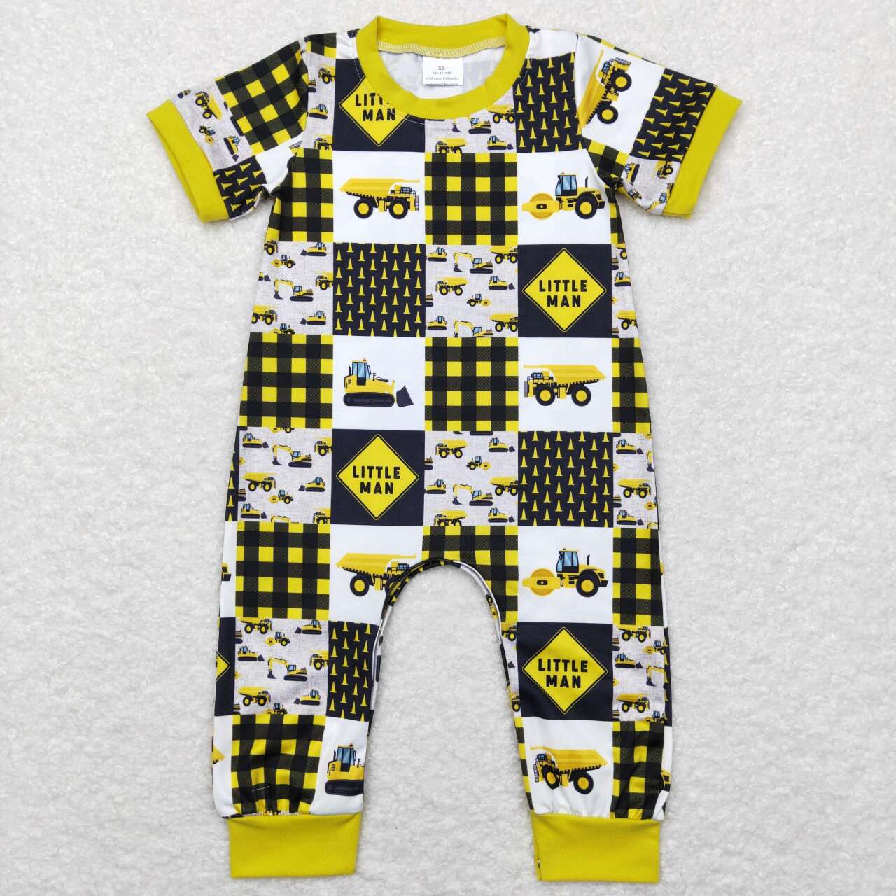 SR0609 Yellow Construction Print Baby Boys Summer Romper