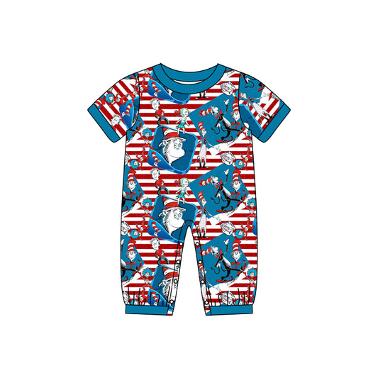 (Pre-order)SR0610 Blue Dr. Reading Cat Print Baby Boys Romper