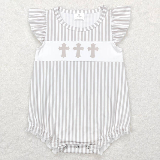 SR0617 Cross Khaki Stripes Baby Girls Easter Romper