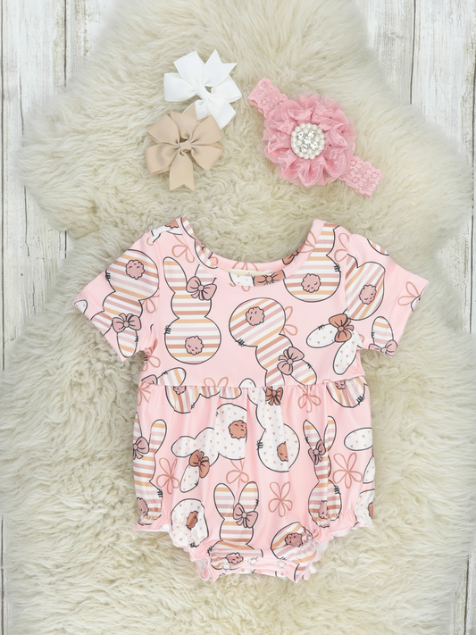 (Pre-order)SR0618 Pink Bunny Flowers Print Baby Girls Easter Romper