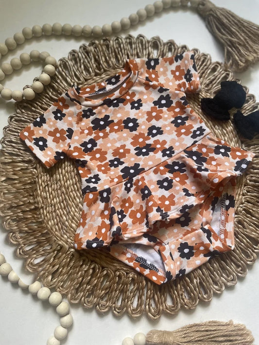 (Pre-order)SR0629  Brown Flowers Print Baby Girls Romper