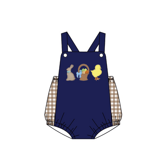 (Pre-order)SR0636  Navy Bunny Egg Chickling Print Baby Boys Easter Romper