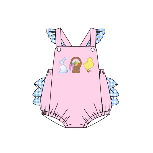 (Pre-order)SR0637  Pink Bunny Egg Chickling Print Baby Girls Easter Romper