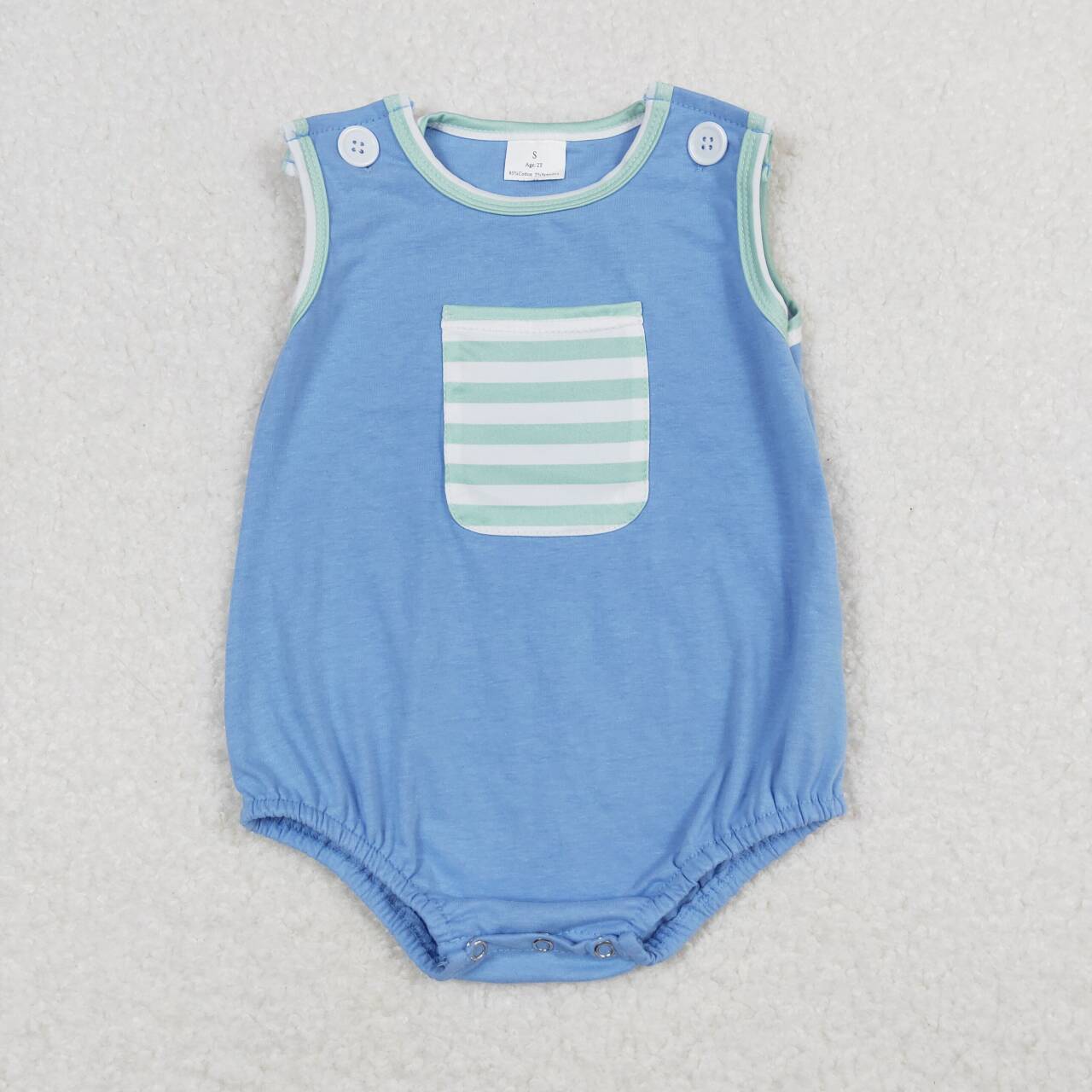 SR0641  Stripes Print Pocket Baby Boys Blue Summer Buttons Romper