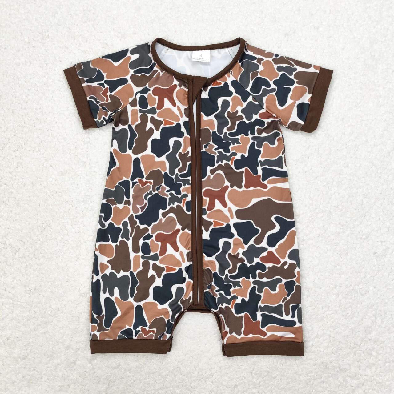 SR0666 Brown Camo Print Baby Boys Zipper Romper