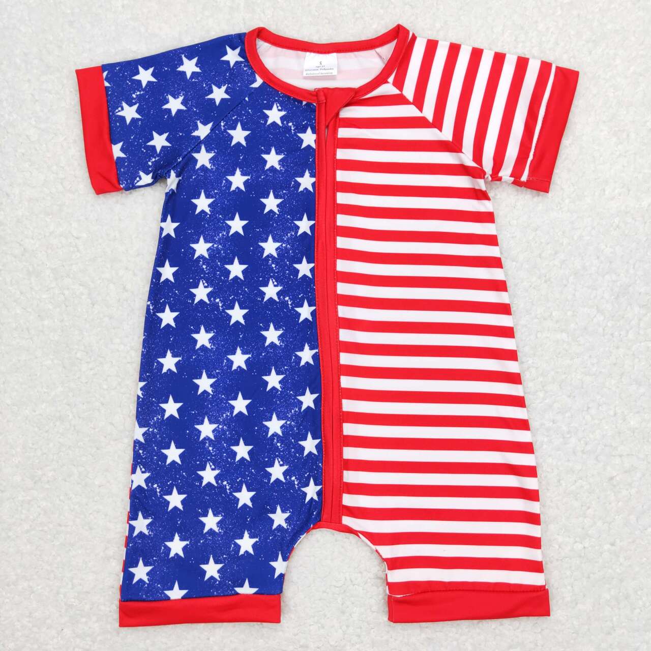 SR0673 Star Red Stripes Print Baby Kids 4th Of July Zipper Romper