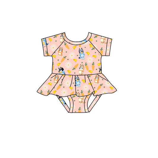 (Pre-order)SR0688 Cartoon Dog Flowers Carrot Print Baby Girls Easter Romper