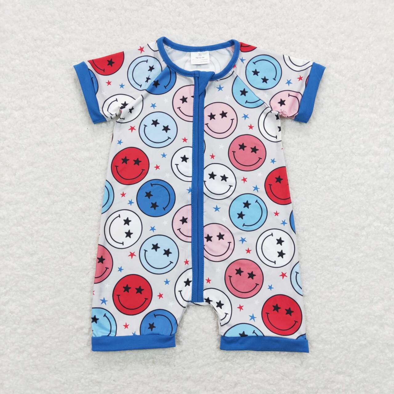 SR0692 Smiling Face Print Baby Kids 4th of July Zipper Romper