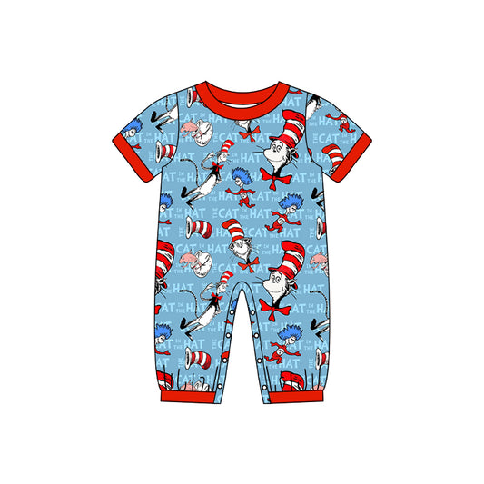 (Pre-order)SR0693  Blue Cat Dr. Reading Print Baby Boys Romper