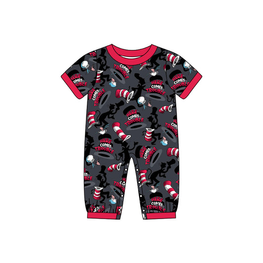 (Pre-order)SR0708  Black Cartoon Cat Dr. Reading Print Baby Boys Romper